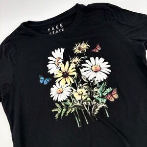 Free State Floral Butterfly Graphic T-Shirt XL Black Short Sleeve Crew Neck